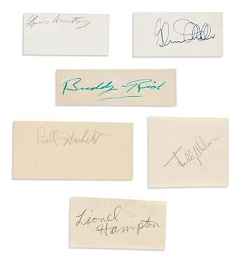 (BIG BAND.) Group of 10 clipped Signatures: Billie Holiday * Louis Armstrong * Glenn Miller * Benny Goodman * Artie Shaw (2) * Buddy Ri